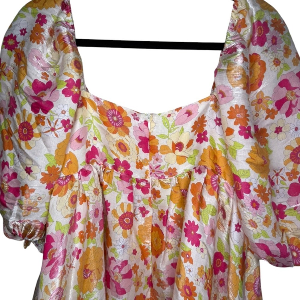 Storia Floral Metallic Puff Sleeve Babydoll Mini Dress Pink Orange Small - Picture 5 of 6